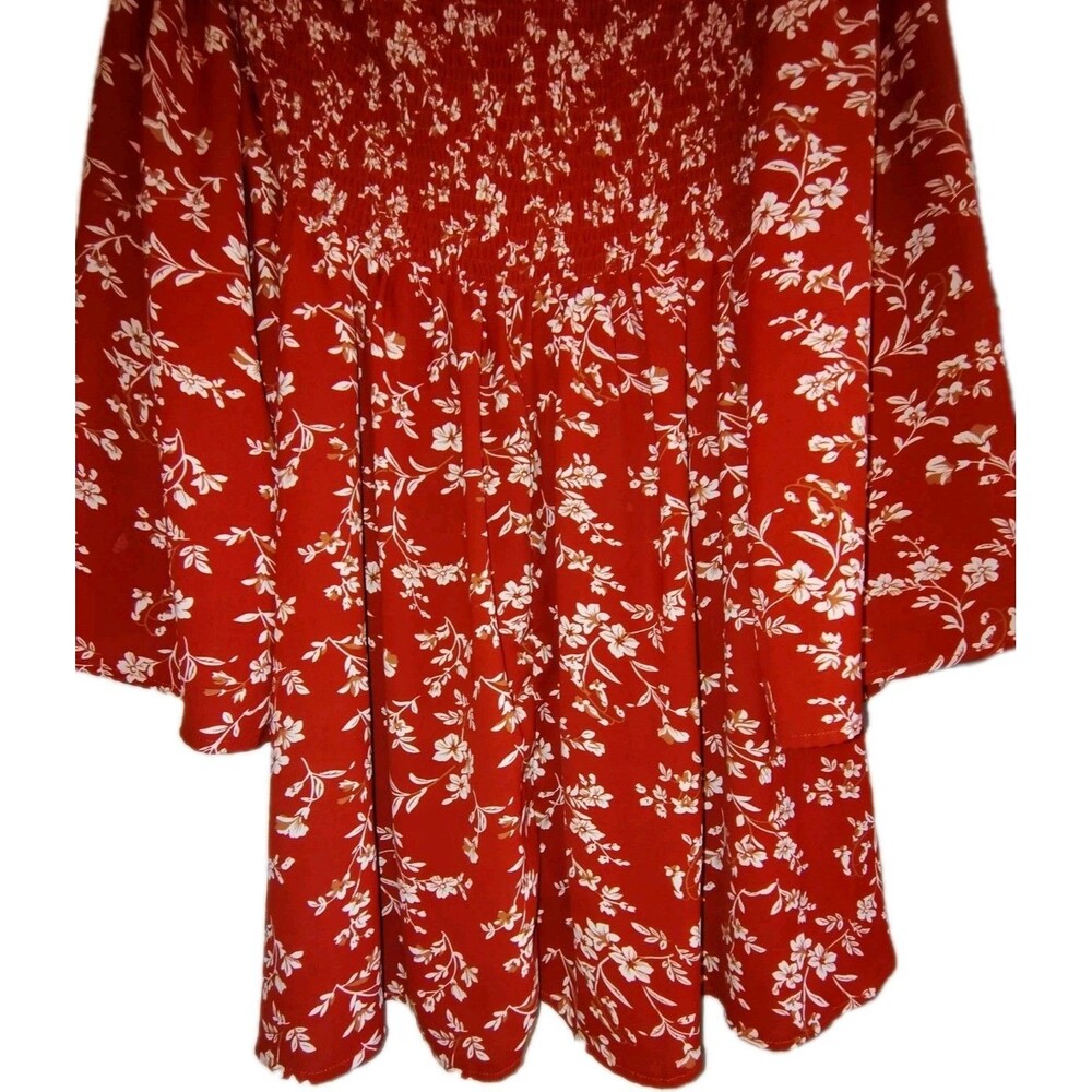 Floral Smocked Off-The-Shoulder Mini Dress Rust Red Boho Bell Sleeve Tunic -... - Picture 6 of 10